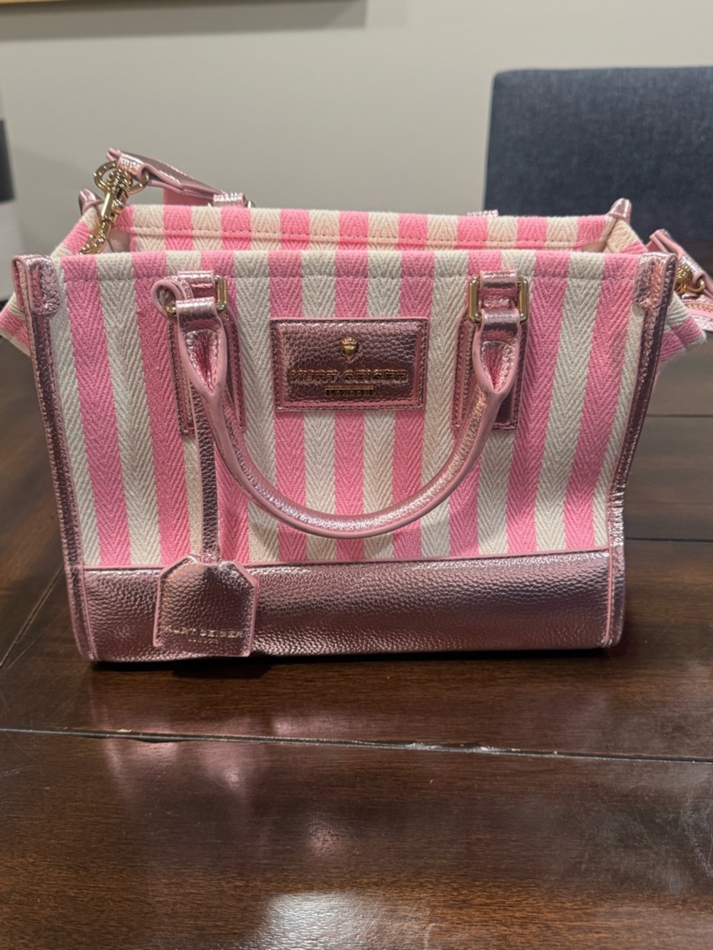 NWOT Kurt Geiger Pink & White Striped Shopper Tote with Metallic Pink Trim